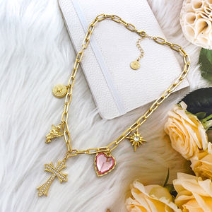 क्लासिक स्टाइलफैशन पेंडेंट दिल क्रॉस स्टार राउंड कोण और ग्लास गोल्ड प्लेटिंग लिंक चेन कोरियन गहने महिलाओं के लिए - Product Image 6