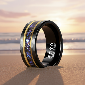 POYA 8mm Wolframringe in Schwarz gehämmert & mit Goldstreifen, Galaxy- und Sandstein-Einlage, Eheringe, Verlobungsringe, Versprechensringe für Paare - Product Image 2