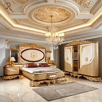 Ensemble de meubles de chambre à coucher de luxe en bois d'ivoire plaqué or royal, style turc classique sculpté, haut de gamme