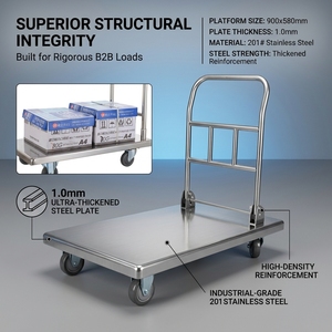 Stainless Steel Metal Heavy Load Flat Trolley Mobile Push Pull <b>Cart</b> 4 Silent Swivel Wheels For Industrial Use - Product Image 3
