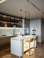 Ensemble complet d'armoires de cuisine modernes de luxe italiennes sur mesure avec îlot central, plan de travail en quartz et éclairage LED, mobilier de maison