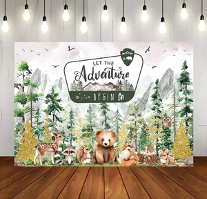 Avventura inizia lo sfondo del Baby Shower avventura attende decorazioni per Baby Shower nei boschi di montagna - Product Image 4