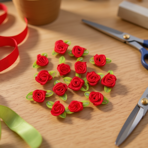 Rose in Tessuto Ilan 1,5 cm Rosse con Foglie Verdi 15 Pezzi per Decorazioni e Lavori Creativi - Product Image 3