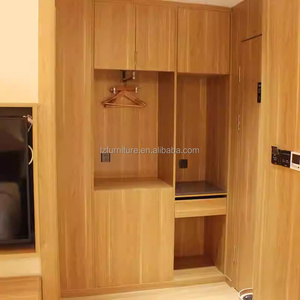 Meubles de chambre d'hôtel modulaires personnalisables, ensembles de lits jumeaux à cadre en bois pas cher avec table de chevet, bureau, chaise, meubles TV et armoire - Product Image 5