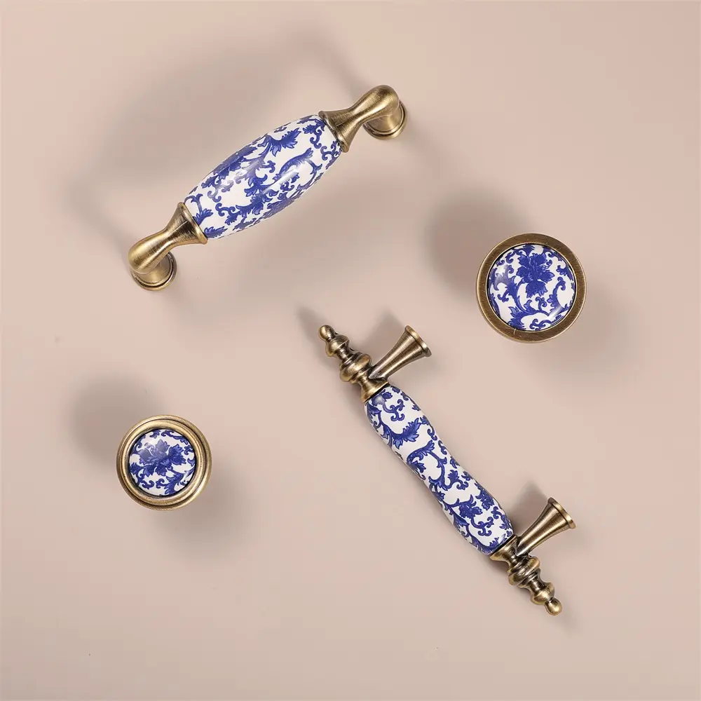 Tirador de gabinete de cerámica de porcelana blanca y negra de estilo chino, tirador de manija de cocina de Zinc de bronce antiguo, herrajes para gabinetes