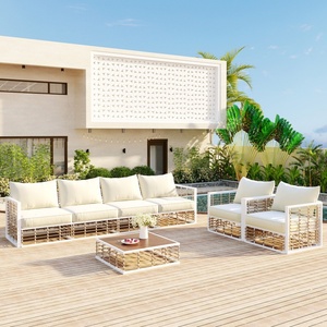 Juego <span class=keywords><strong>de</strong></span> Muebles <span class=keywords><strong>de</strong></span> Jardín Minimalista <span class=keywords><strong>de</strong></span> 7 Piezas, Mesa <span class=keywords><strong>de</strong></span> Centro Metálica para Interiores y Exteriores, Cojines Gruesos, Sofá Seccional para Patio - Product Image 2