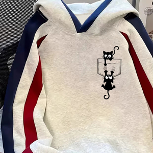 Sudadera con Capucha de Manga Larga con Estampado de Gato en el Bolsillo, Antiencogimiento, Informal, de Invierno/Otoño, para Mujer - Product Image 1
