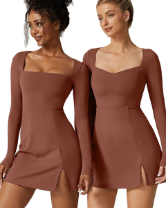 Abito Midi Casual da Donna Personalizzato <span class=keywords><strong>Nero</strong></span> a Maniche Lunghe <span class=keywords><strong>con</strong></span> Vita Impero, Orlo Svasato, Tessuto Traspirante, Scollo Quadrato e <span class=keywords><strong>Spacco</strong></span> <span class=keywords><strong>Laterale</strong></span> - Product Image 1