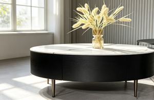 Table basse ronde moderne avec plateau en marbre, structure en métal, rangement, meubles de salon - Product Image 5