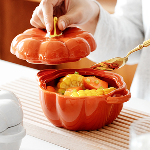 Ensemble de bol de citrouille avec couvercle et poignée Ramequins en céramique pour la cuisson de casseroles Pot de séparation individuel en grès allant au <span class=keywords><strong>four</strong></span> - Product Image 2