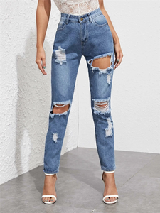 Jeans Mom Taille Haute Coupe Slim Effilochés Longs pour Femme 100% Coton Denim Vente en Gros - Product Image 4
