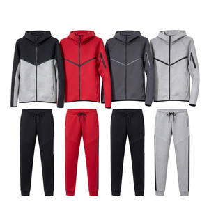Conjunto deportivo de 2 piezas para hombre con capucha, color sólido, chaqueta con cremallera y mangas raglán, y pantalones largos de secado rápido de 320g - Product Image 1