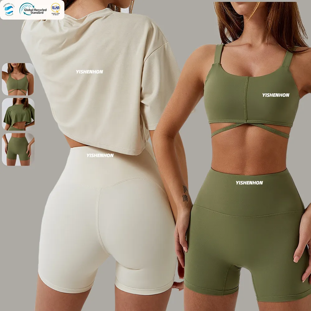 YISHENHON Gym Clothing Workout Custom Yoga Suit High Waist Shorts Fitness Women Training Bra Exercise Top Sportswear Set