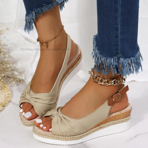 Quality Straw Woven Platform Sole Peep-toe <b>Bow</b> Ties Wedge High Heel <b>Sandals</b> for Women With Ankle - Product Image 2