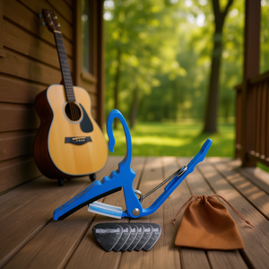 Accesorio para guitarra acústica, capo azul de 5 cuerdas, con 6 púas de celuloide, bolsa de transporte para banjo, mandolina, ukelele - Product Image 2