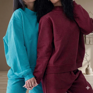 Sudadera de punto extragrande de cuello redondo de color liso al por mayor, estilo otoñal, 100% algodón transpirable, de manga larga y longitud corta. - Product Image 1
