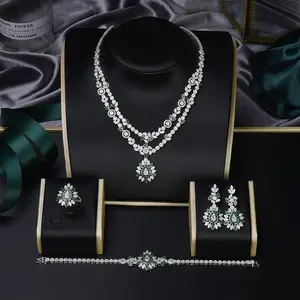 Perhiasan Arab Perhiasan Berlapis Rhodium Mewah Batu Permata Kubik Zirkon 925 Perak Pengantin Pernikahan Kalung Perhiasan Set untuk Wanita