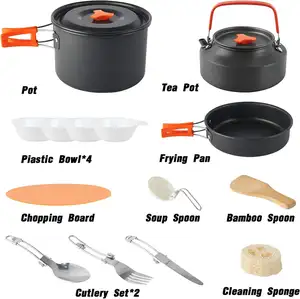 NPOT China Factory Camping Utensilios de cocina Mess Kit Antiadherente Ligero Mochilero Juego de cocina Equipo de cocina al aire libre para senderismo familiar