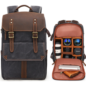 Sac à dos pour <span class=keywords><strong>appareil</strong></span> <span class=keywords><strong>photo</strong></span> et ordinateur portable en toile cirée et <span class=keywords><strong>cuir</strong></span> véritable, grande capacité, sac de voyage pour la photographie DSLR, déplacements quotidiens - Product Image 1