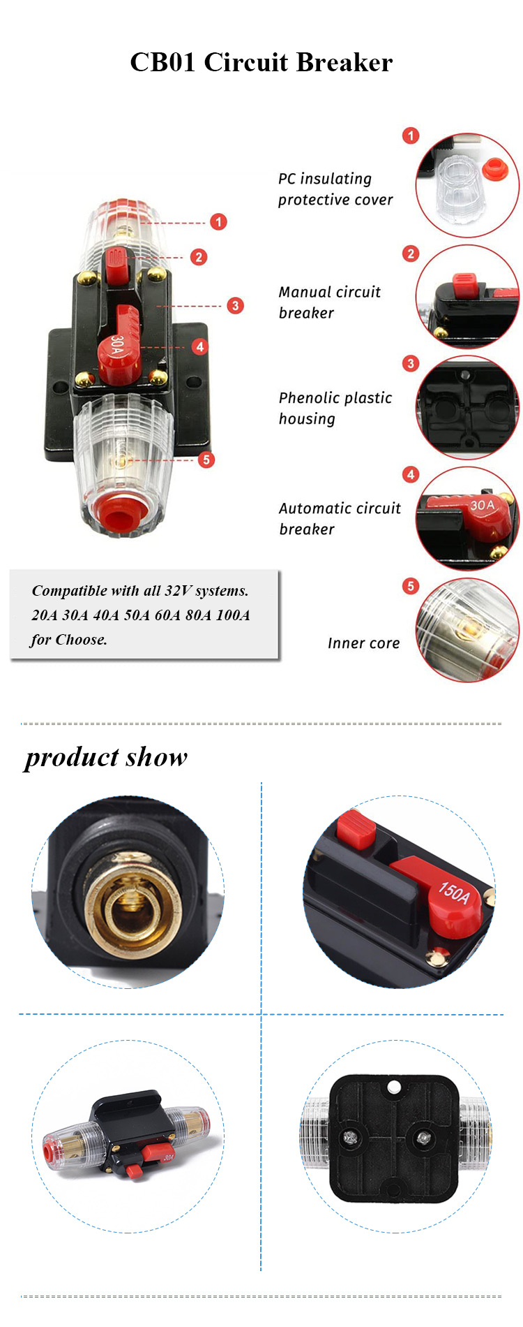 Audio Inline Circuit Breaker Reset Fuse 12V-24V DC