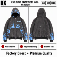 Sweat-shirt à capuche entièrement zippé en molleton épais noir délavé 360 g/m² avec imprimé Pixel Flame et détails de vieillissement prononcés, style streetwear, OEM ODM