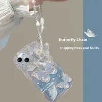 Housse Bcak en forme de vague avec lanière pour Apple 16 Pro Max Design papillon mignon étui transparent à paillettes antichoc pour iPhone 15