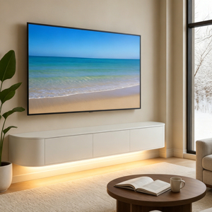 Mueble de <span class=keywords><strong>TV</strong></span> Japandi Blanco Mate de Pared Directo de Fábrica con Tira de Luz LED en la Parte Inferior y Luz LED Cálida - Product Image 2