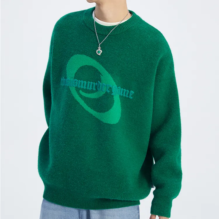 OEM Custom Make 12GG Knitted Crew Neck Sweater Green Cashmere Letters Chenille Embroidery Jacquard Winter Sweater For Men