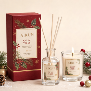 Set de Regalo Aikun Festive Pine: Difusor de Varillas de Cristal Transparente, Vela Aromática y Cinta Decorativa para el Hogar, Fragancia Navideña en Caja de Venta al por Menor - Product Image 3
