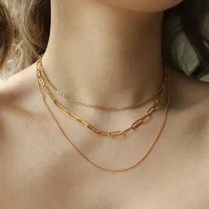 Mode 18K Gold plattiert einfach dreifach Schichten Paperclip-Kette Halsketten für Damen Edelstahl-Hochkette Halskette Schmuck