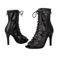 Bottines de danse latine pour femmes, dessus en mesh, semelle souple, talons hauts, bottines sexy pour la danse