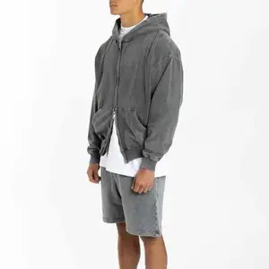 Kustom pakaian Jalan Pria asam dicuci kosong zip up hoodie dan celana set distressed Vintage dua potong set untuk pria