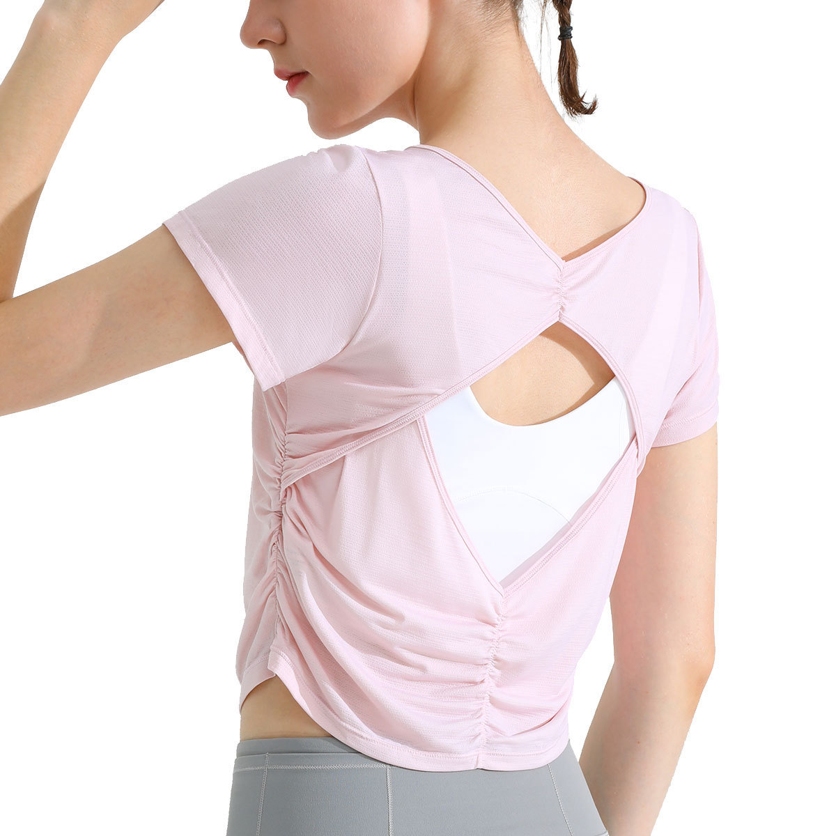Wholesale Quick Dry Anti-Bacterial Back Hollowout Short Sleeve Gym Yoga Shirt Women Workout Running Fitness Sports Crop Top
