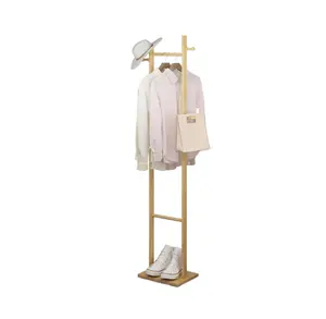 Combohome Coat Rack Stand Bamboo Garment Rack Rectangle Base with 4 Hooks for Clothes Hanging Coat Hanger Stand