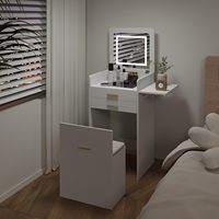 Coiffeuse moderne en MDF avec miroir LED, lumières à intensité variable, panneau rabattable, tabouret de rangement rembourré, mini bureau de maquillage pour petits espaces