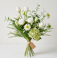 Nouveau Bouquet de Fleurs Synthétiques Réalistes Vert Foncé Européen : Rose Chou, Hortensia, Ranunculus, Anthurium, Lys Flamant