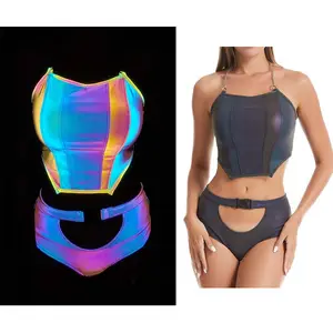 Biquíni sexy com arco-íris alto e alto, roupa de praia para mulheres, conjunto de top de bar feminino com alças, roupa de praia e natação