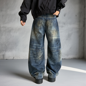 Jeans baggy sur mesure pour hommes, coupe large, en denim délavé, style workwear, design à empiècements, streetwear, style vintage - Product Image 4