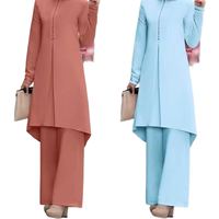 Ensemble deux pièces bleu pêche, pantalon large, manches bouffantes, dentelle, robe unie à manches longues pour femme, patchwork, col rond, décontracté, été