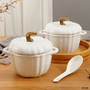Olla de cerámica Dingfeng blanca con doble asa y tapa para comida de hotel DF1580 - Product Image 2