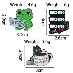 Cute Animal Metal Pins Work Work Work And Die Frog Laptop Cat <b>Coffee</b> Enamel Brooches Irregular Shape Collectible Art - Product Image 2