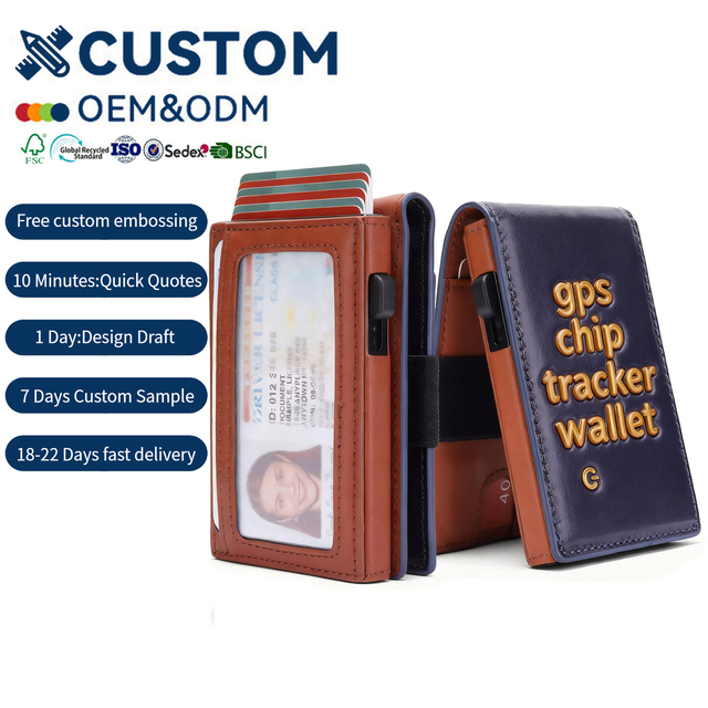 New Design GPS Chip Tracker RFID Mens Find My Wallet Short Genuine Leather Pop Bifold Slim Metal Aluminum Card ID Holder