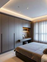 Armoire intégrée moderne mate tout-en-un avec bureau, bibliothèque et éclairage LED pour chambre principale – Système de placard sur mesure