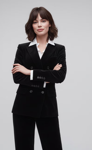 Ensemble pantalon élégant en velours noir pour femme avec blazer croisé et pantalon ajusté – Design de costume professionnel formel - Product Image 2