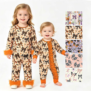 Combinaison à fermeture éclair pour bébés filles, motif citrouille personnalisé, en fausse fourrure, vêtements assortis pour sœurs, collection Halloween, vente en gros, boutique de vêtements mignons - Product Image 1
