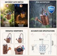 Arrosoir solaire avec lumières LED en cascade, lanterne suspendue décorative imperméable pour l'extérieur avec crochet de berger pour le jardin