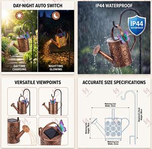Arrosoir solaire avec lumières LED en cascade, lanterne suspendue décorative imperméable pour l'extérieur avec crochet de berger pour le jardin - Product Image 3