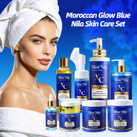 Ensemble de Soins Visage Personnalisable avec Logo Lumineux : Sérum, Crème, Gommage Anti-rides et Éclaircissant, Nila Bleu du Maroc