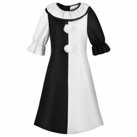 Vestido para Mujer, Color Negro y Blanco, Cuello con Volantes, Manga Abullonada con Pompones, Disfraz de Halloween para Fiesta
