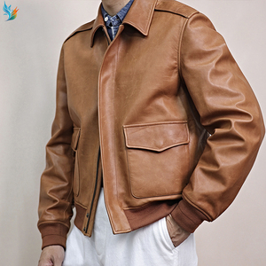 Giacca in <span class=keywords><strong>Pelle</strong></span> da Aviatore Vintage per <span class=keywords><strong>Uomo</strong></span> con Colletto a Risvolto e Orlo a Costine in <span class=keywords><strong>Pelle</strong></span> di Pecora Marrone Chiaro - Product Image 2